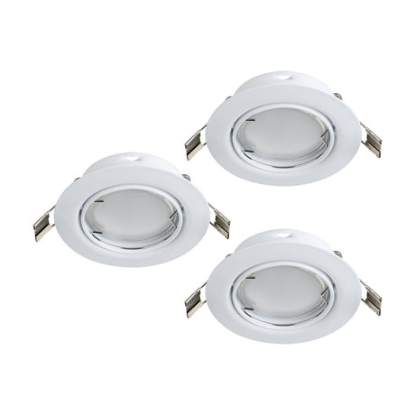 Baselle Adjustable Downlight Set of 3 in white, round recessed fittings with tilting inner rings and GU10 holders, shown on a plain white background.