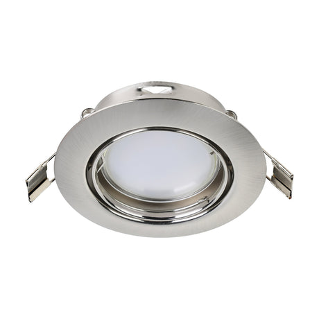 Baselle Downlight in satin nickel with round steel trim, tilting inner ring, frosted GU10 lens, and spring clips, shown on a plain white background.