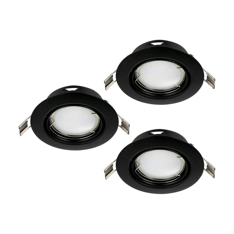 Baselle Downlight Set of 3 in black, three round recessed GU10 fittings with slim steel trims and tiltable inner rings, shown on a plain white background.