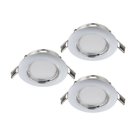 Baselle Fixed Downlight Set of 3 in chrome, showing three round recessed ceiling lights with GU10 bulbs and steel rims on a plain white background.
