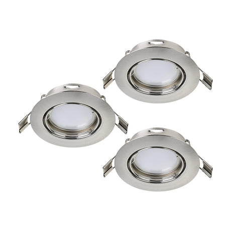 Set of three round recessed downlights in brushed satin nickel steel with frosted GU10 lenses, shown against a plain white background.