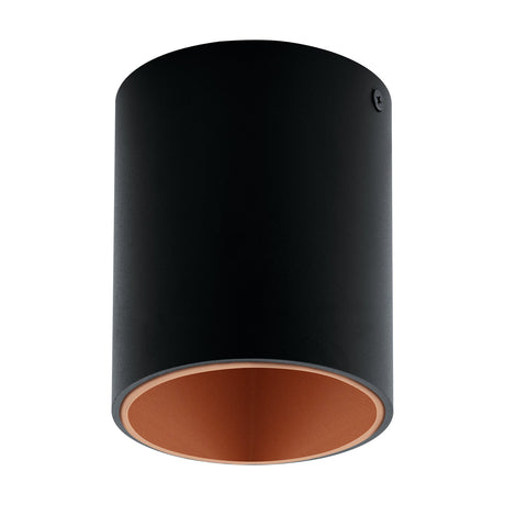 Basmorne LED Flush Ceiling Light 10cm, a cylindrical fixture with a matte black aluminium body and copper-coloured interior, shown on a plain white background.