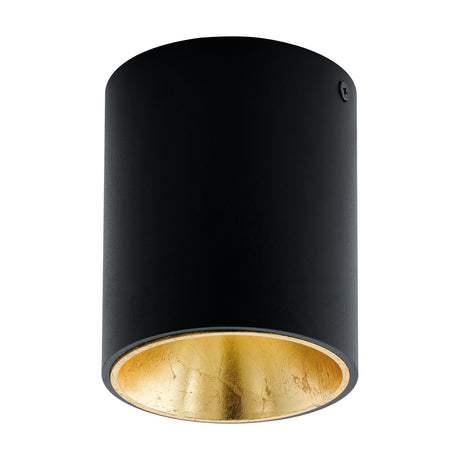 Basmorne LED flush ceiling light, a cylindrical matt black aluminium fixture with a gold-leaf effect interior, shown on a plain white background.