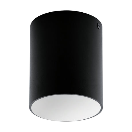 Basmorne round flush ceiling light, a matt black aluminium cylinder with white interior and visible fixing screw, shown on a plain white background.