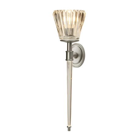 The Agatha 2 Light Wall Light - Brushed Nickel features a decorative crystal shade and a brushed nickel finish, complete with a long metallic stem and circular base. Its elegant vintage design emits a warm glow and offers an IP44 rating for enhanced durability.