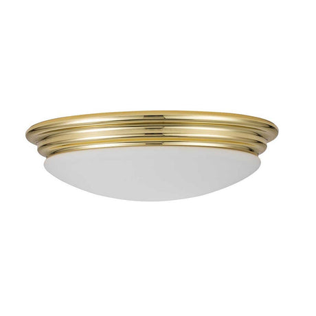 The Brompton Flush Light - Polished Brass is a round, flush-mount bathroom ceiling light that features a polished brass rim and a frosted white glass diffuser. This vintage fixture offers a simple and elegant design, making it suitable for various interiors.