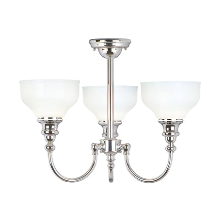The Cheadle 3 Light Semi Flush in polished chrome features a contemporary design with its elegant opal glass shades. Each of its three gracefully curved arms supports the stylish chandelier, combining sophistication with modern flair.