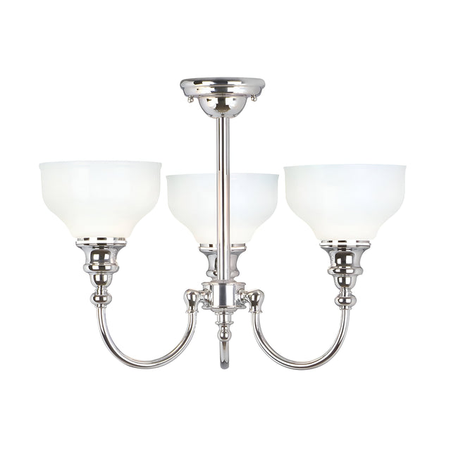 The Cheadle 3 Light Semi Flush in polished chrome features a contemporary design with its elegant opal glass shades. Each of its three gracefully curved arms supports the stylish chandelier, combining sophistication with modern flair.