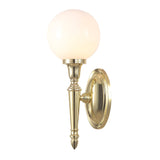 The Dryden-3 Wall Light in polished brass boasts an oval backplate that supports a single, elegant fixture. It features a slender, tapered arm that holds a frosted white globe-shaped bulb with an LED G9 lamp, offering a classic and sophisticated design to any space.