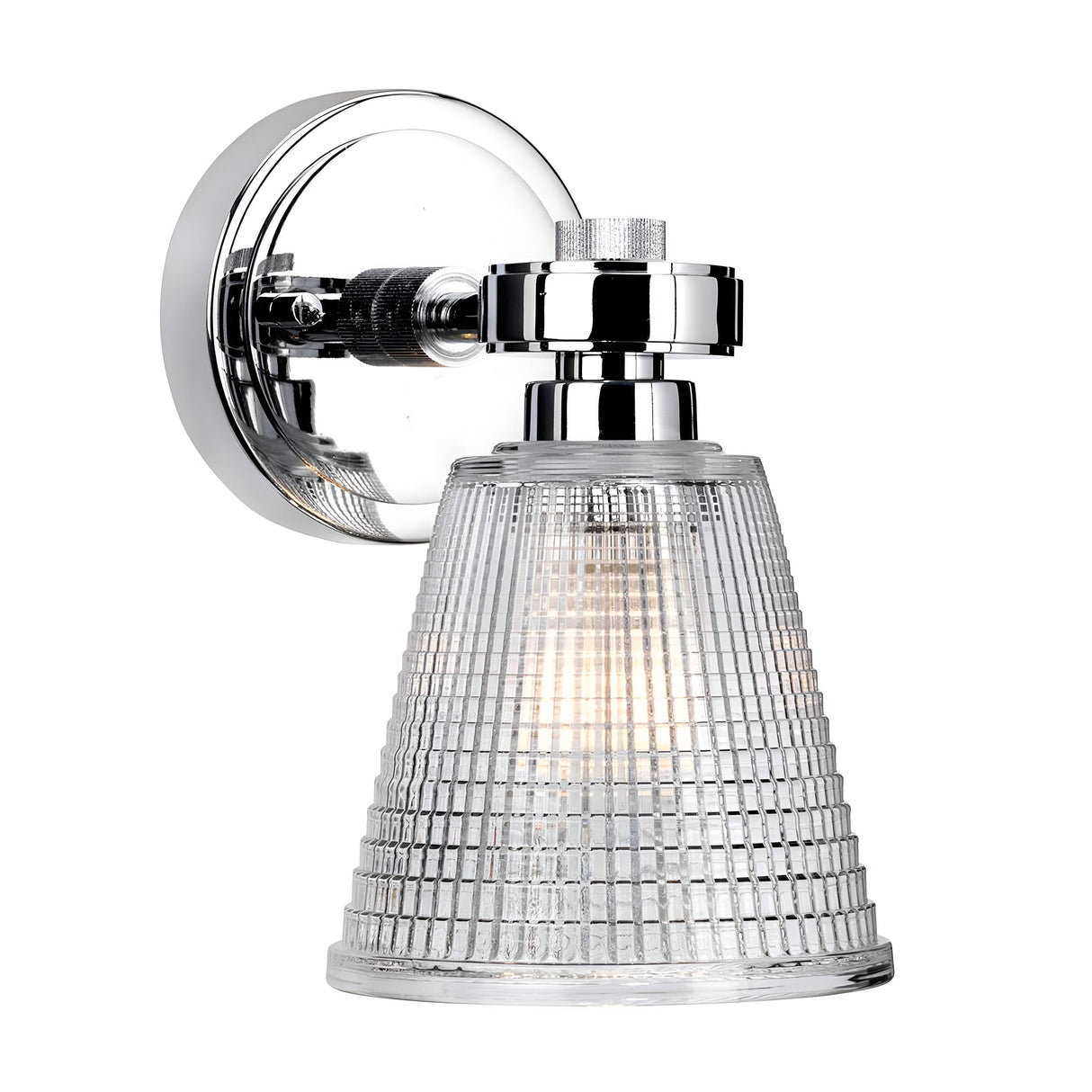 Introducing the Gunnislake 1 Light Wall Light - Polished Chrome, a wall-mounted lamp with a conical prismatic glass shade that features a textured grid-like pattern for casting a cozy warm glow. Its polished chrome base is shiny and round, showcasing a modern design that enhances its sleek aesthetic.