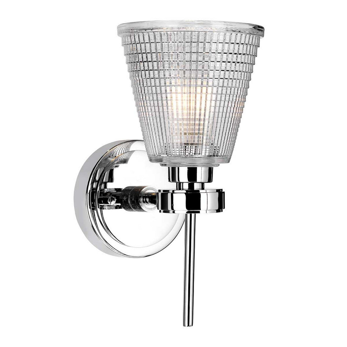 The Gunnislake 1 Light Wall Light in polished chrome boasts a sleek, modern design with a clear prismatic glass shade featuring a textured grid pattern. When turned on, it emits a warm glow. The wall sconce includes visible mounting with a round base.