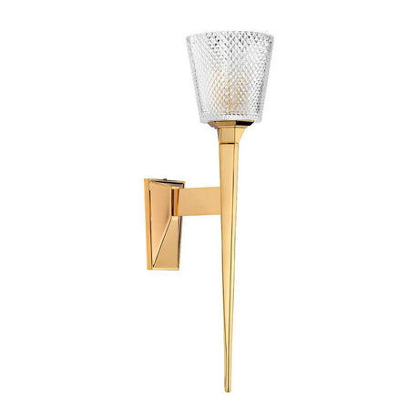 The Verity 1 Light Wall Light in Polished Gold offers a luxurious touch with its modern design, featuring a tapered body and textured glass shade. It is mounted on an angular polished gold backplate and comes equipped with an energy-saving LED lamp for enhanced efficiency.