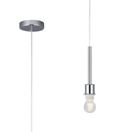 Baymont E27 Pendant Light 12cm in polished chrome, showing the round ceiling cup, white flex and lampholder with an exposed bulb, shown against a plain white background.