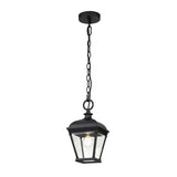 The Bayview 1 Light Outdoor Medium Chain Pendant in black boasts Georgian elegance with its hanging chain and clear glass design. When lit, it casts a warm glow against a pristine white background.