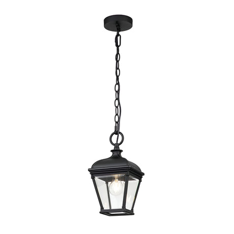 The Bayview 1 Light Outdoor Medium Chain Pendant in black boasts Georgian elegance with its hanging chain and clear glass design. When lit, it casts a warm glow against a pristine white background.