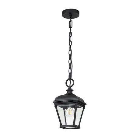 The Bayview 1 Light Outdoor Medium Chain Pendant in black exudes Georgian elegance with its clear glass panels and visible bulb, making it perfect for both indoor and outdoor lighting. Its classic design complements any setting beautifully.