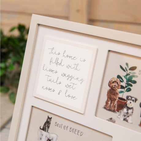 Taupe MDF multi-aperture pet photo frame with white mount, featuring a central plaque reading This home is filled with kisses, wagging tails, wet noses & love beside dog illustration openings.