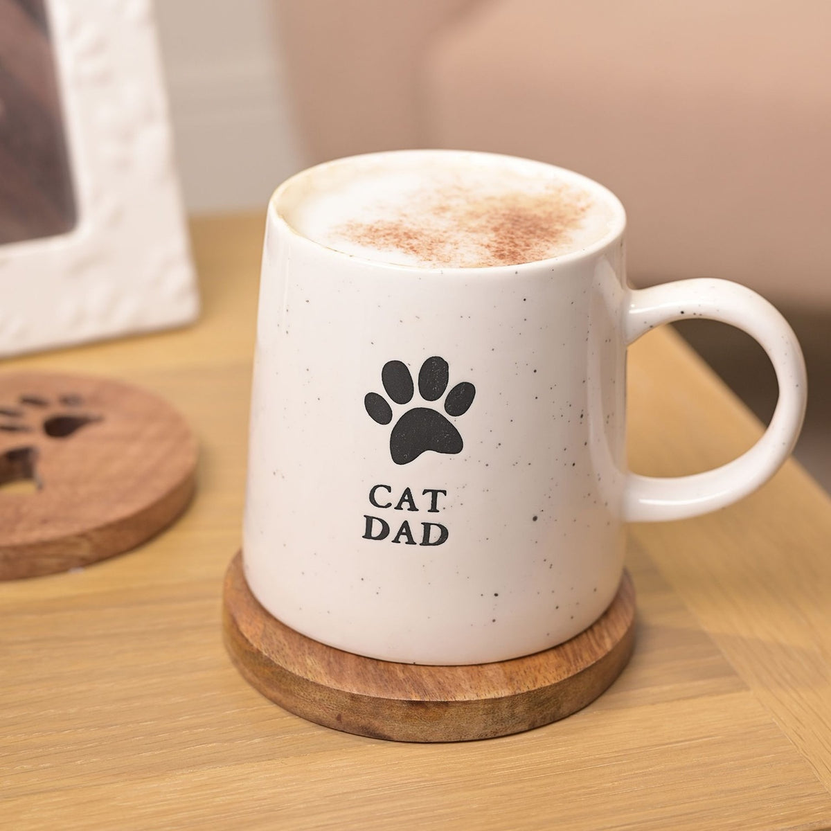 Cat Dad Paw Print Speckled Stoneware Mug 400ml - White