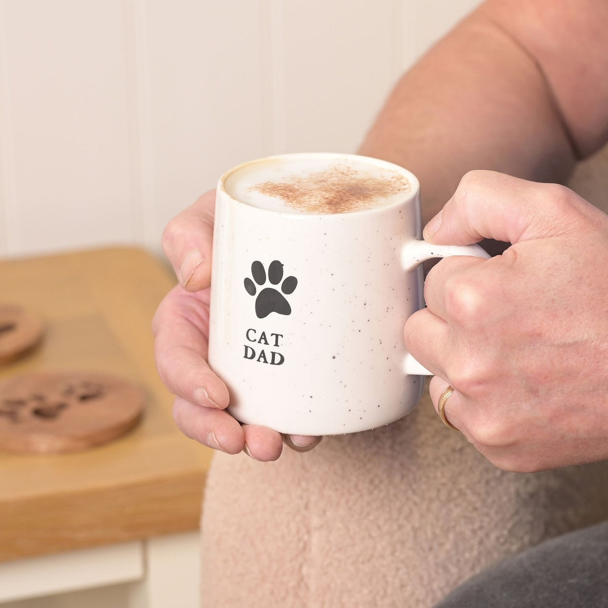 Cat Dad Paw Print Speckled Stoneware Mug 400ml - White