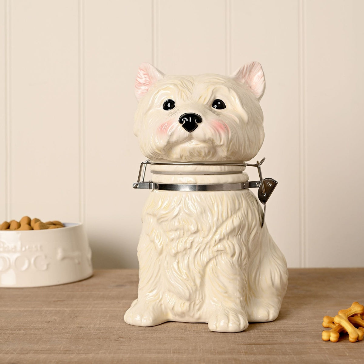West Highland Terrier Glazed Ceramic Biscuit Barrel - White