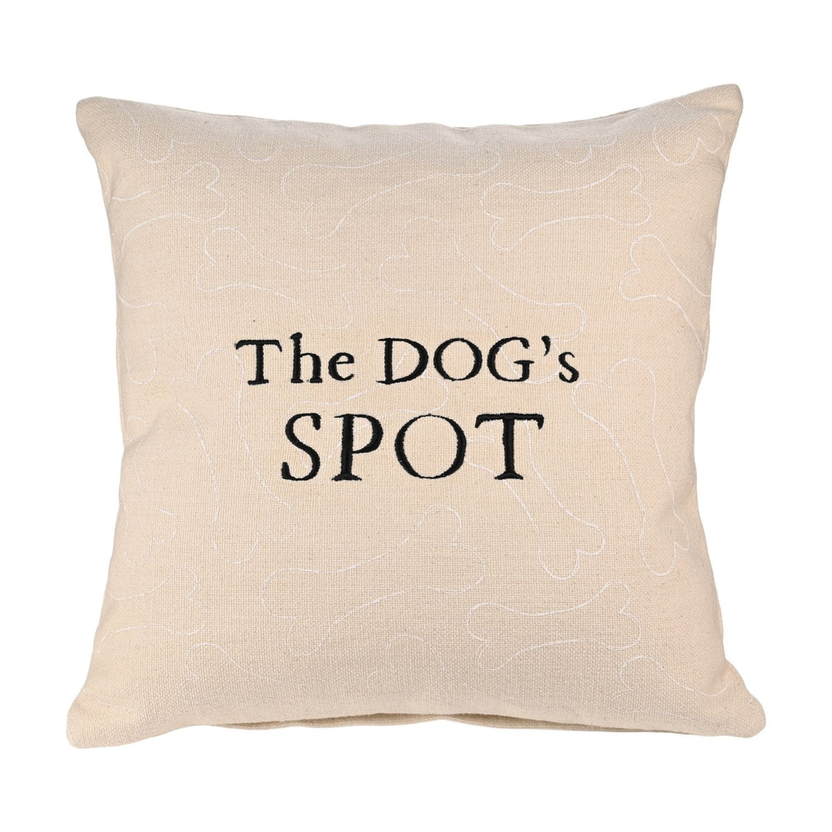 Square natural cotton cushion with faint white dog-bone pattern and "The DOG's SPOT" in bold black lettering, shown on a plain white background.