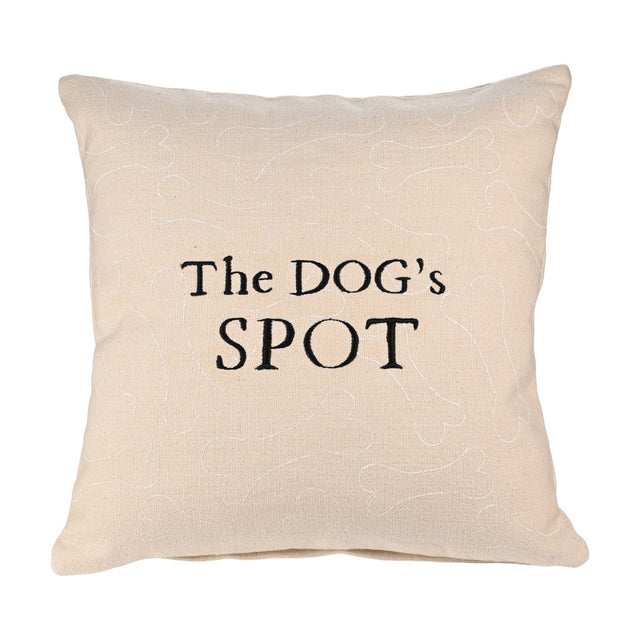 Square natural cotton cushion with faint white dog-bone pattern and "The DOG's SPOT" in bold black lettering, shown on a plain white background.