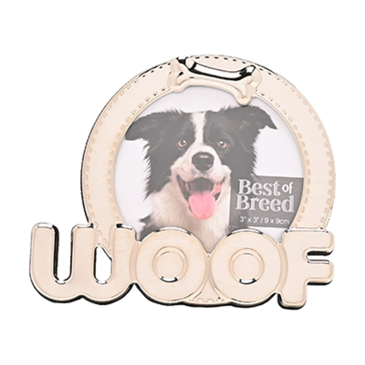 Woof Dog Bone Circular Metal Photo Frame 3 x 3in - Silver