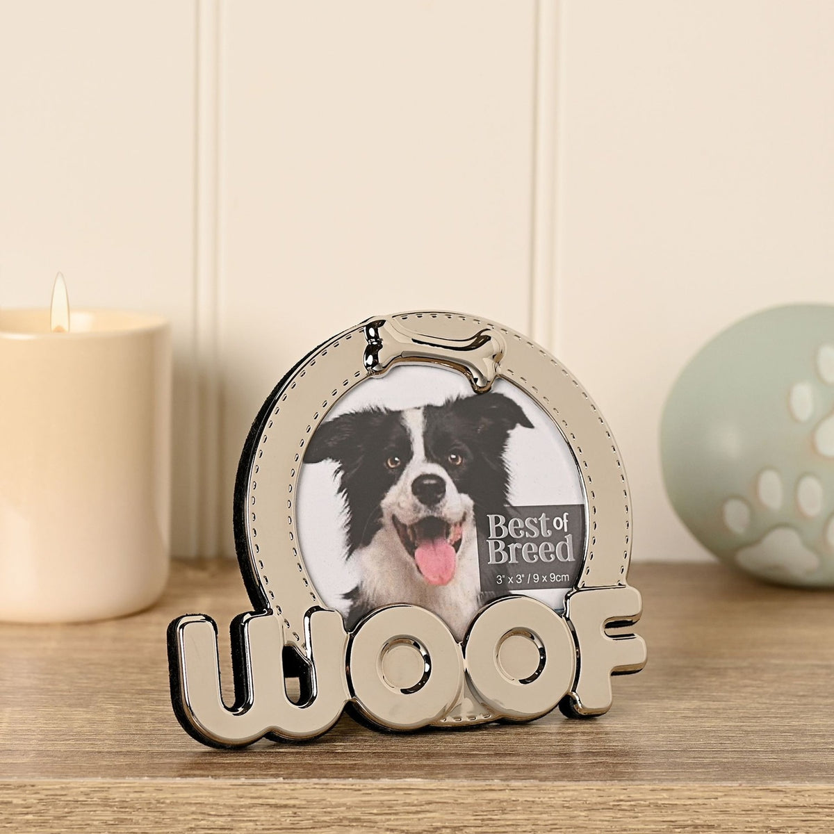 Woof Dog Bone Circular Metal Photo Frame 3 x 3in - Silver