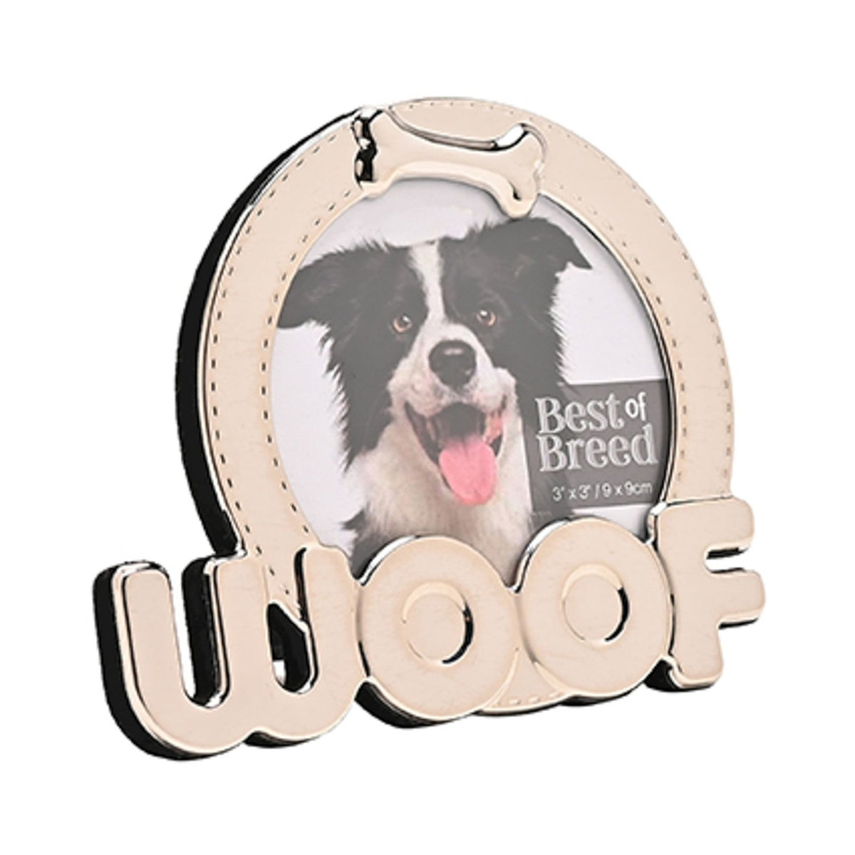 Woof Dog Bone Circular Metal Photo Frame 3 x 3in - Silver