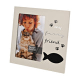 Grey MDF square photo frame reading "my furry friend" with paw print details and a fish icon, holding a 6 x 4in photo of a child with a cat.