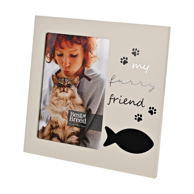 Grey MDF square photo frame reading "my furry friend" with paw print details and a fish icon, holding a 6 x 4in photo of a child with a cat.