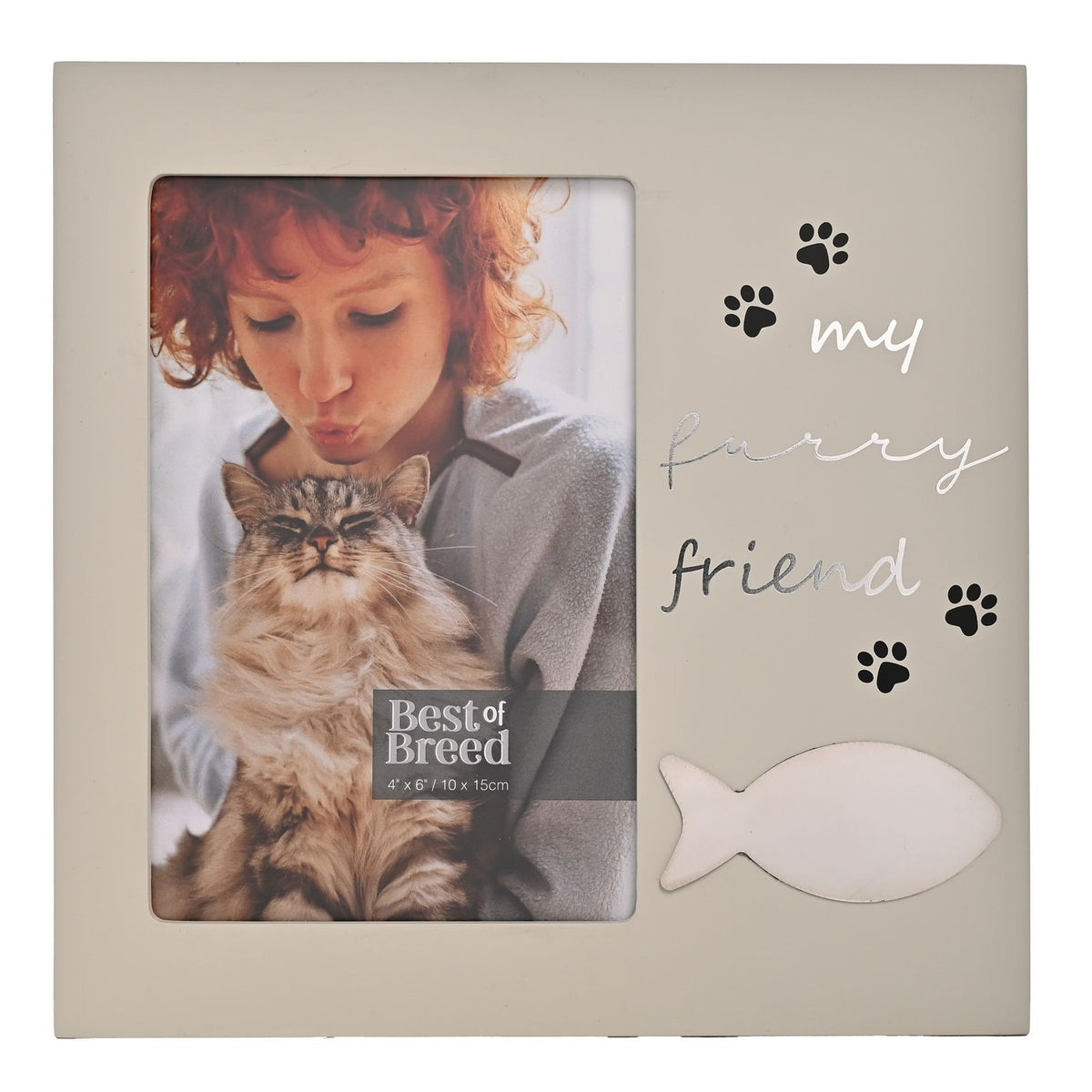 Grey square MDF photo frame reading "my furry friend" with paw print accents and a fish motif, holding a 6 x 4in photo of a woman with a cat.