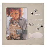 Grey square MDF photo frame reading "my furry friend" with paw print accents and a fish motif, holding a 6 x 4in photo of a woman with a cat.