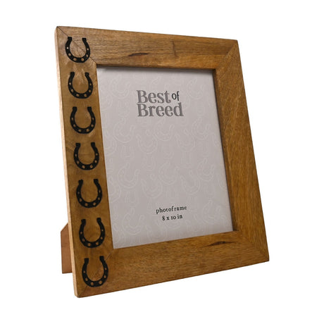 Mango wood easel photo frame in brown with a column of black horseshoe icons down the left edge, holding an 8 x 10in "Best of Breed" sample print on a plain white background.