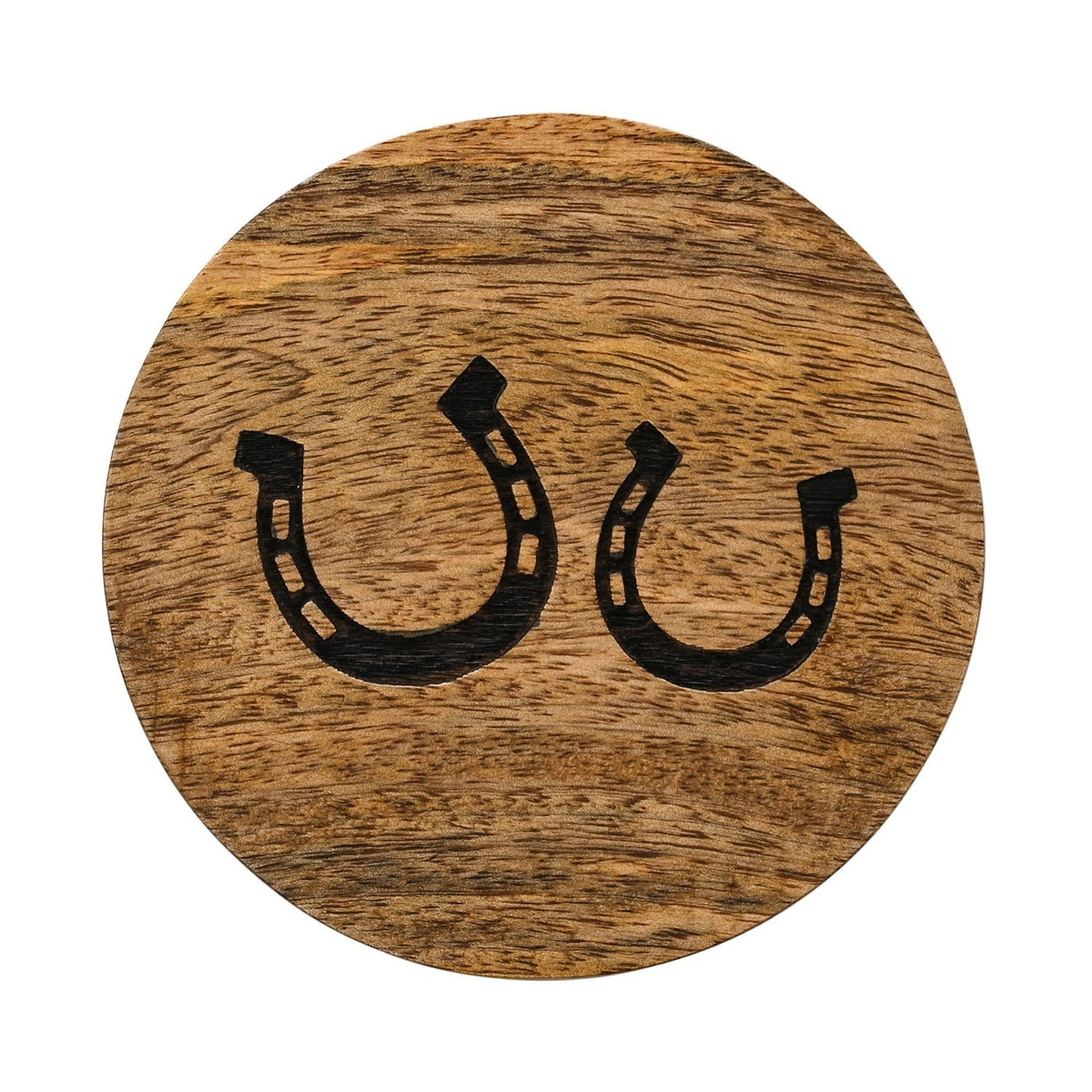Set of 4 Mango Wood Coasters with Black Horseshoes - Brown