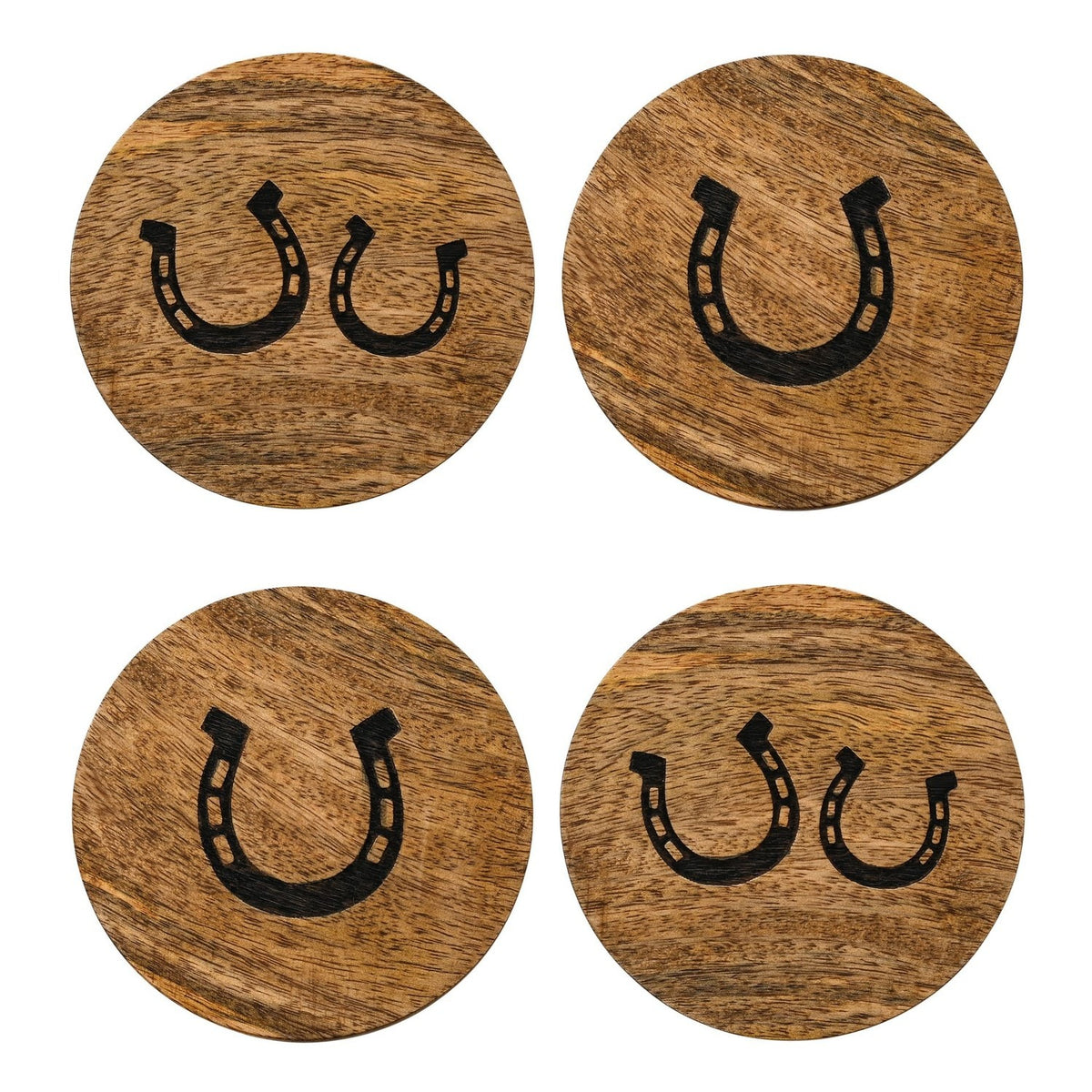 Set of 4 Mango Wood Coasters with Black Horseshoes - Brown