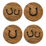 Set of 4 Mango Wood Coasters with Black Horseshoes - Brown