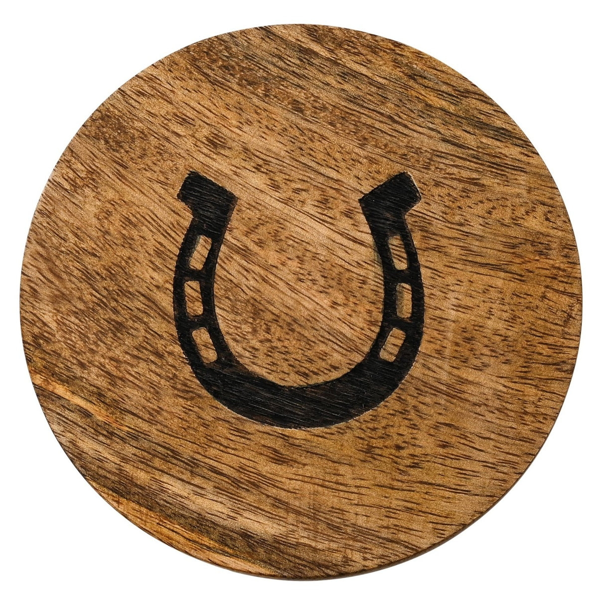 Set of 4 Mango Wood Coasters with Black Horseshoes - Brown
