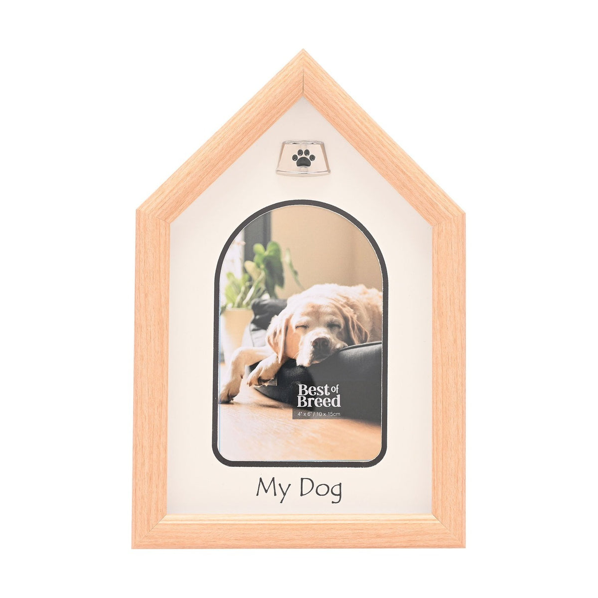 Dog House Plastic Photo Frame in brown wood-grain effect with pitched roof, silver paw print emblem, and white mount with arched window, shown with a dog photo and "My Dog" text on a plain background.