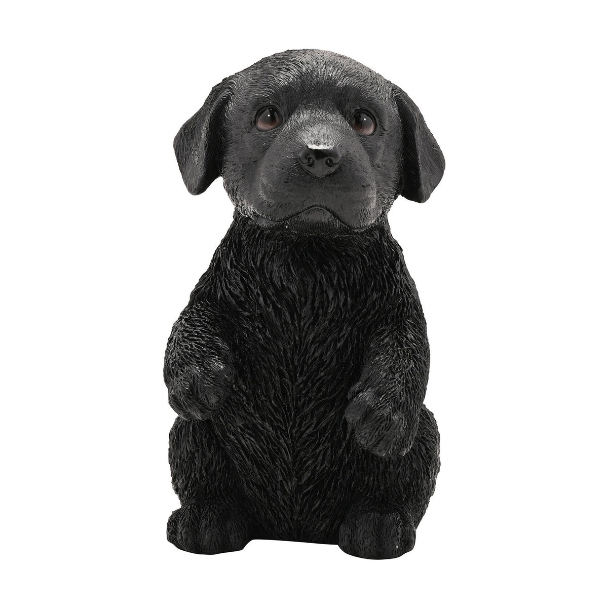 Black resin Labrador puppy figurine, 16cm, sitting up with both front paws raised and floppy ears, textured fur finish, shown on a plain white background.