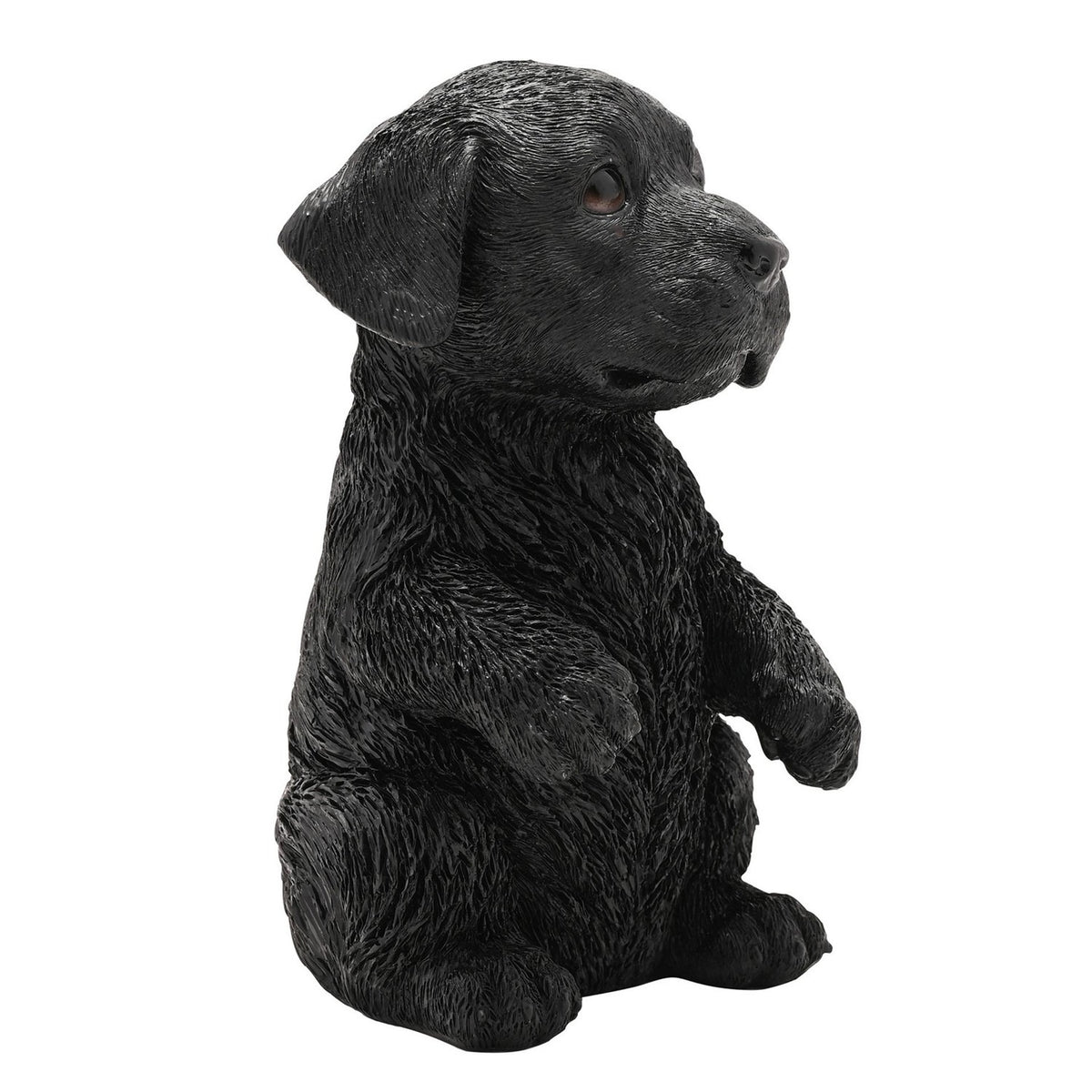 Sitting Up Labrador Puppy Resin Figurine, 16cm, in black with floppy ears and raised front paws, textured coat detail, shown on a plain white background.