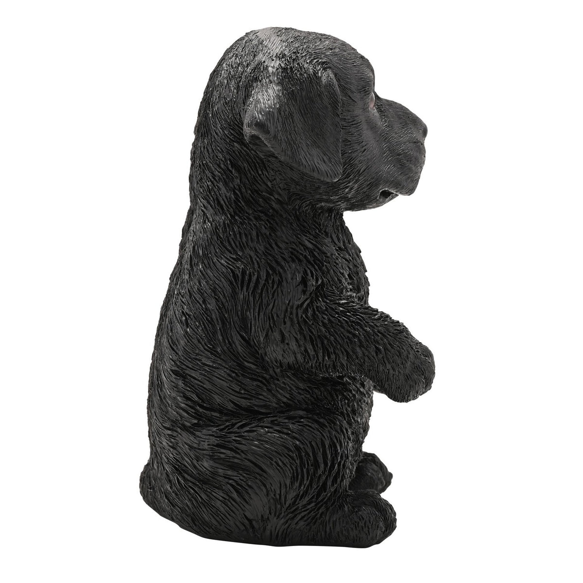 Side view of the Sitting Up Labrador Puppy Resin Figurine in black, 16cm, seated upright with front paws raised, textured fur finish, on a plain white background.
