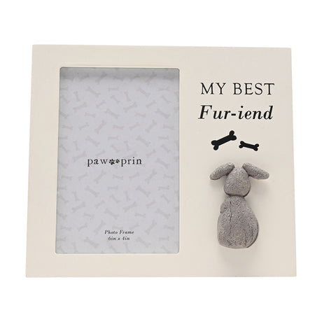 Cream wooden photo frame with "MY BEST Fur-iend" text, two black bone icons, and a raised grey pebble-style dog figure, 6x4in opening with paw print mat.