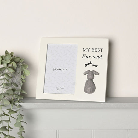 Cream wooden photo frame with "MY BEST Fur-iend" text, black bone icons, and a raised grey pebble-style dog figure, shown on a shelf beside a plant.