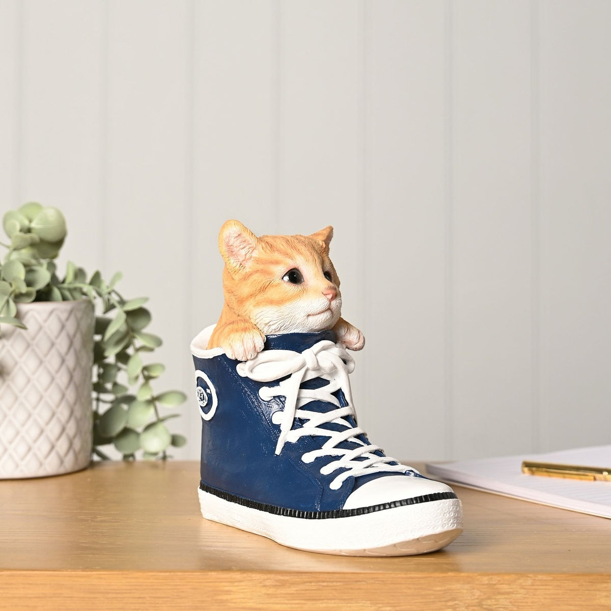 Kitten in a Lace-Up Trainer Resin Figurine - Blue & Orange