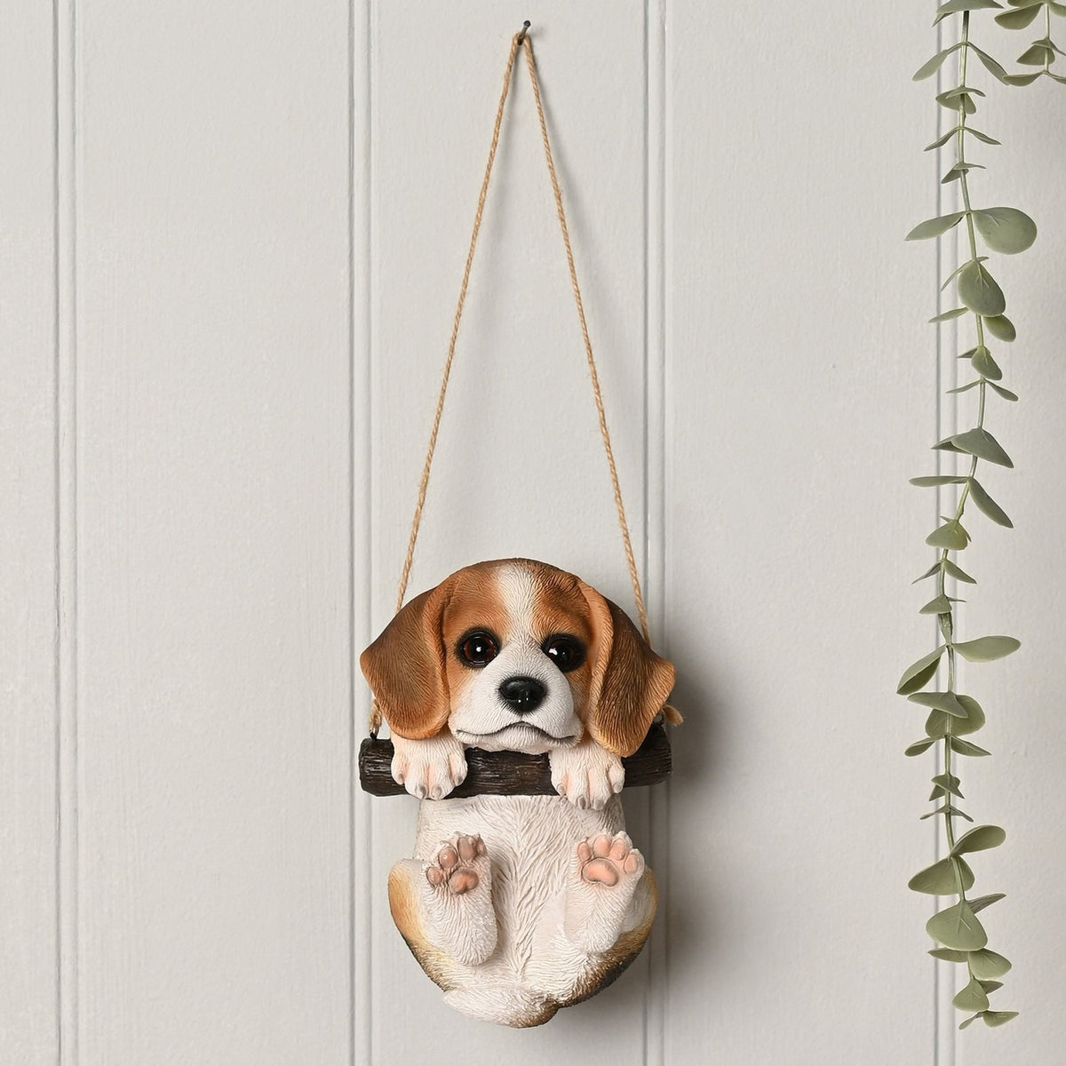Dangling Beagle Puppy Ornament Figurine - White & Brown