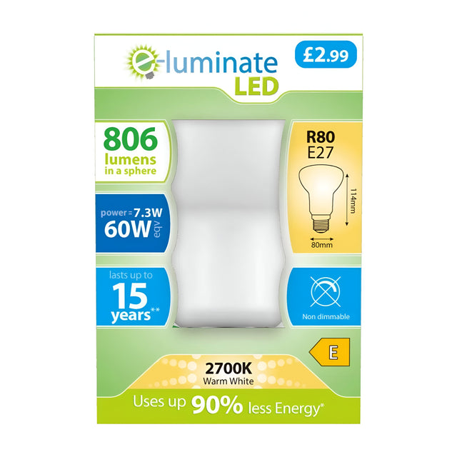 The packaging for the E-Luminate 7.3 Non-Dimmable R80 LED Reflector Bulb highlights its energy efficiency with features including 806 lumens, a power consumption of 7.3W (equivalent to 60W), and a warm white light at 2700K. It offers a lifespan of up to 15 years, is priced at Â£2.99, and has R80 E27 dimensions measuring 111mm x ___.