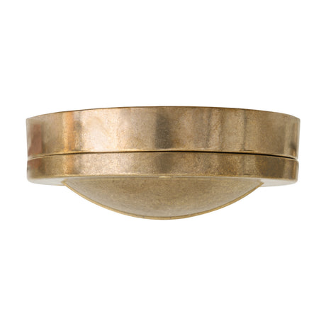 Begawan Brass Outdoor Bulkhead Light, 14cm round fixture with a brass eyelid hood over a frosted glass lens, shown on a plain white background.