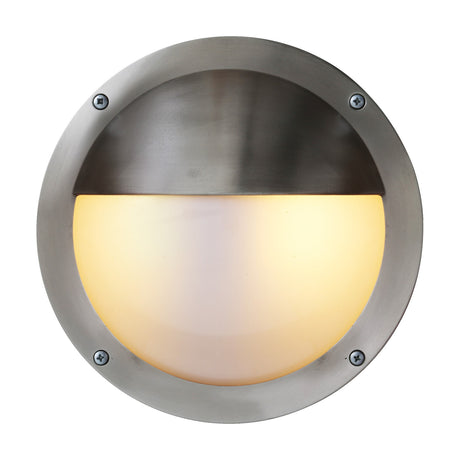Begawan Brass Outdoor Bulkhead Light IP54, 27cm round wall fixture with brass hood shading the upper half of a frosted glass diffuser, shown lit on a plain white background.