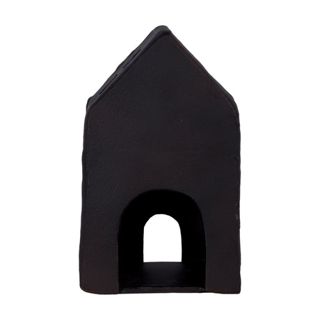 Belderrig House Ornament in brown aluminium, a tall narrow house shape with steep gabled roof and an arched doorway at the base, shown on a plain white background.